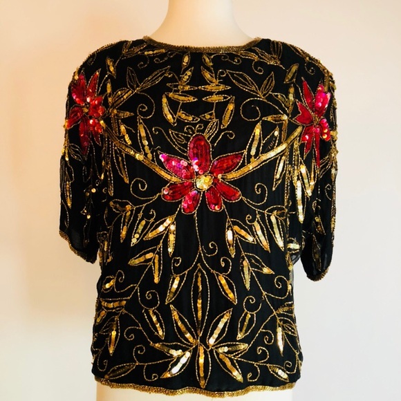 Candle Light Tops - Vintage Floral Sequin Silk Retro Top M